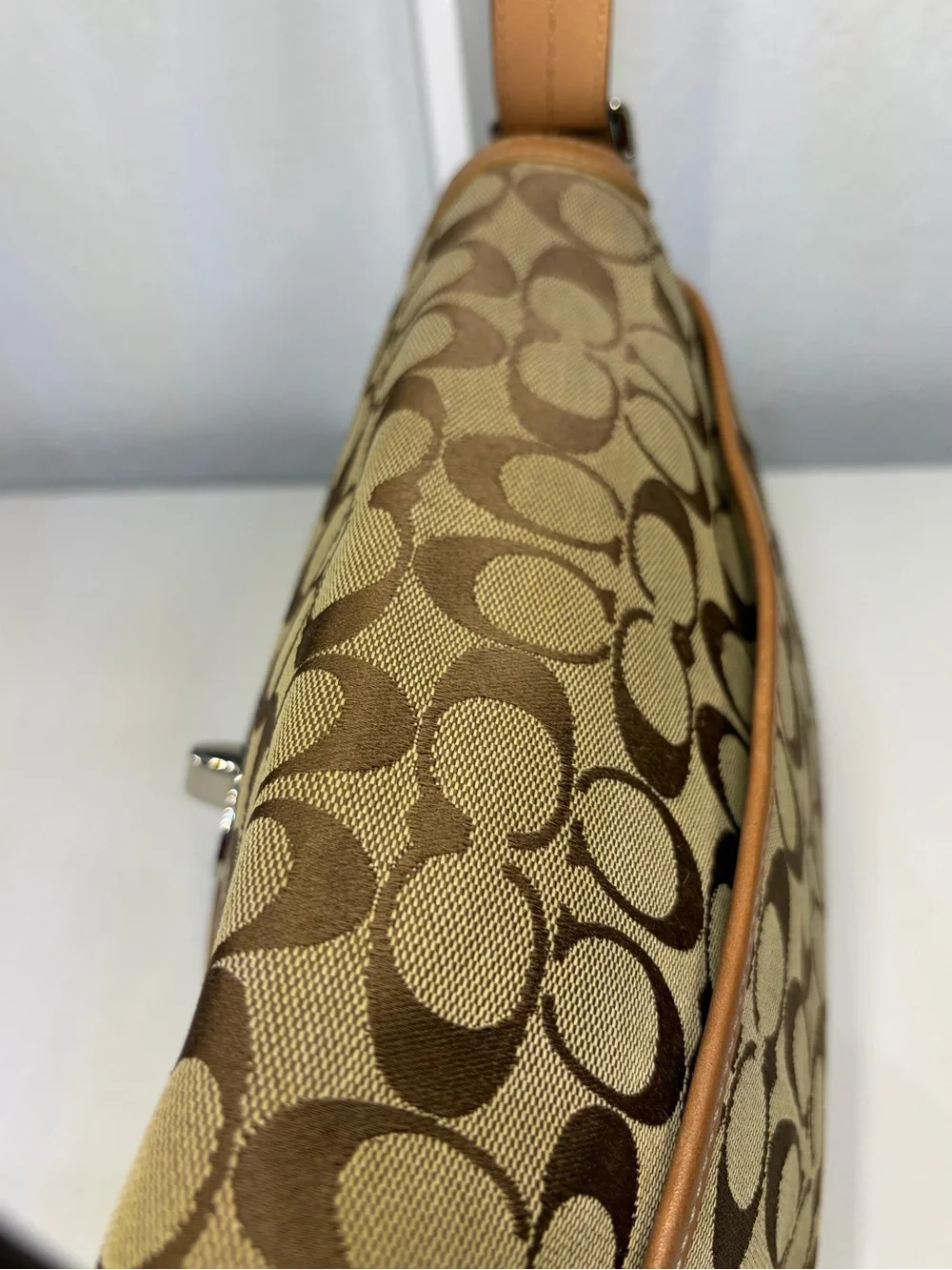 Y2K COACH Signature Jacquard Shoulder/ Crossbody Bag with Khaki/Caramel Trim